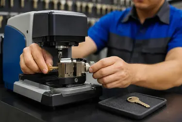 Chaveiro fazendo cópias de chaves em Chapecó, utilizando máquina específica.